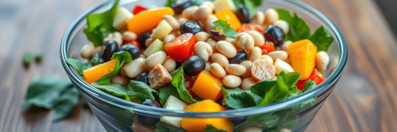 Colorful salad bowl with fresh vegetables, beans, and greens ready to be served at a healthy meal